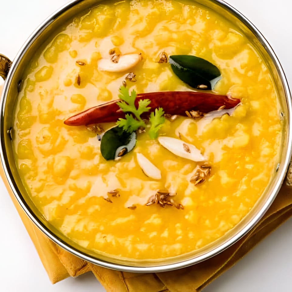 A close-up of Tandoor Indian Cuisine's yellow dal in a metal bowl, garnished with chili and cilantro.