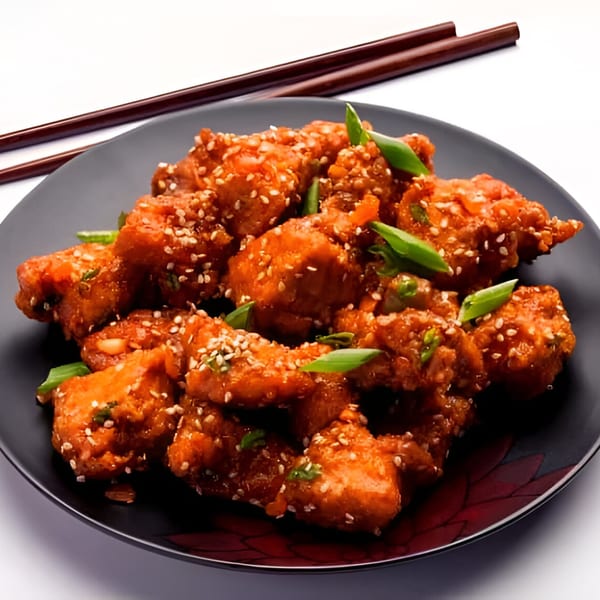 Orange chicken pieces with sesame seeds and green onions on a black plate with chopsticks.