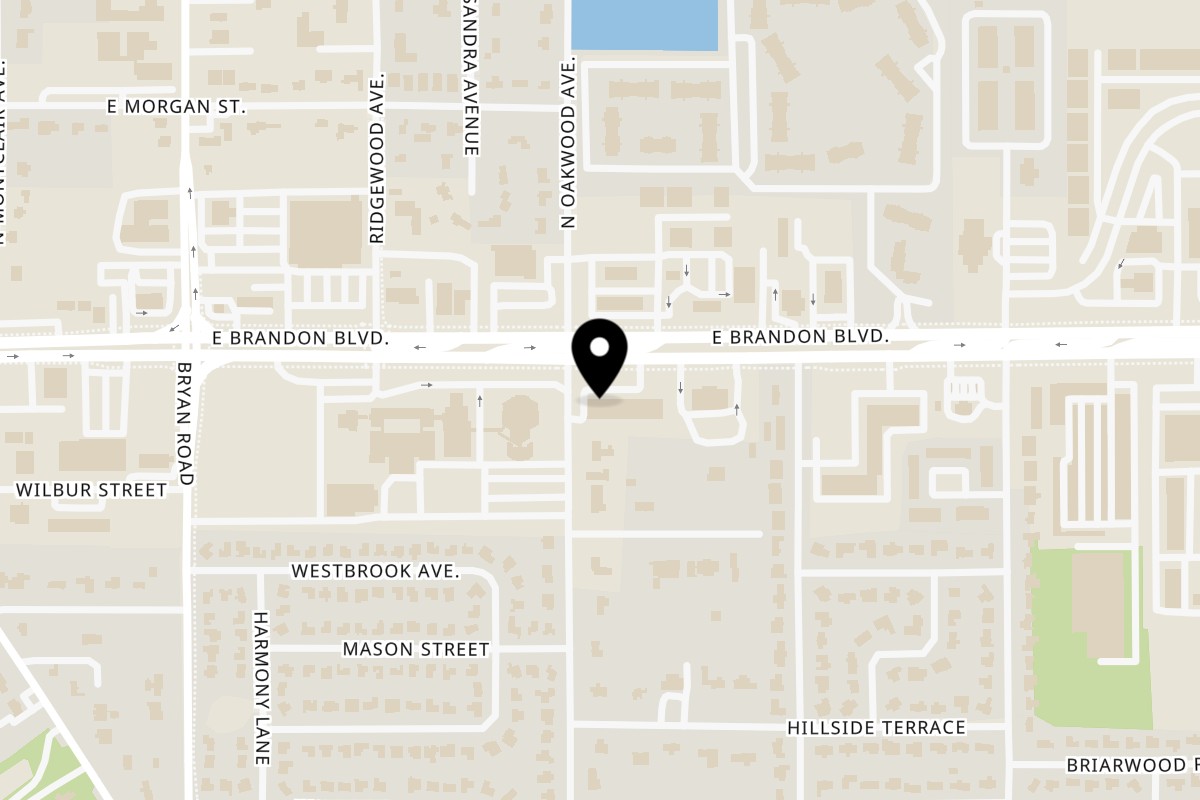 Map showing the location of Tandoor Indian Cuisine on 805 E Brandon Blvd in Brandon